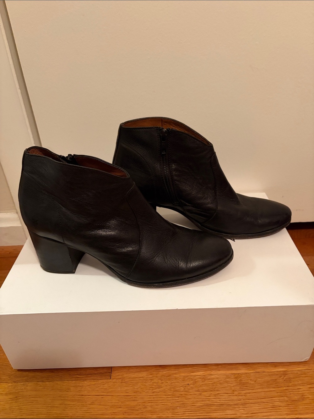 Frye Black Leather Ankle Booties with Side Zip and Block Heel